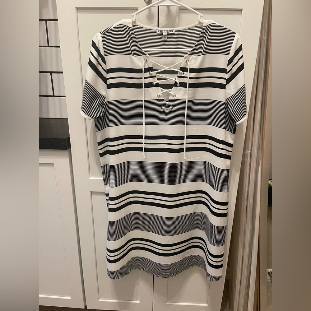 Express black and whites striped shirt dress.